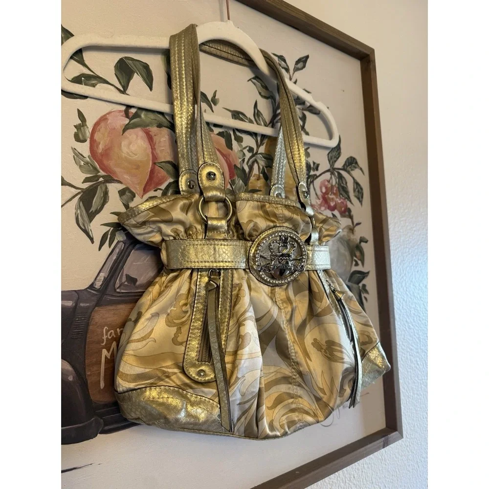 Y2K VTG Kathy Van Zeeland Metallic Gold Ruched Hobo Shoulder Bag Bratz Glam